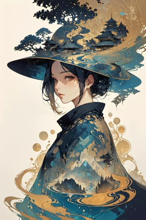 masterpiece,best quality,mysterious silhouette woman with hat,by Minjae Lee,Carne Griffiths,Emily Kell,Steve McCurry,Geoffroy Thoorens,Aaron Horkey,Jordan Grimmer,Greg Rutkowski,amazing depth,double exposure,surreal,geometric patterns,intricately detailed,...