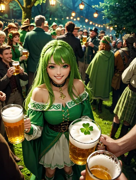 araffe dressed in green holding two beer glasses in a crowd