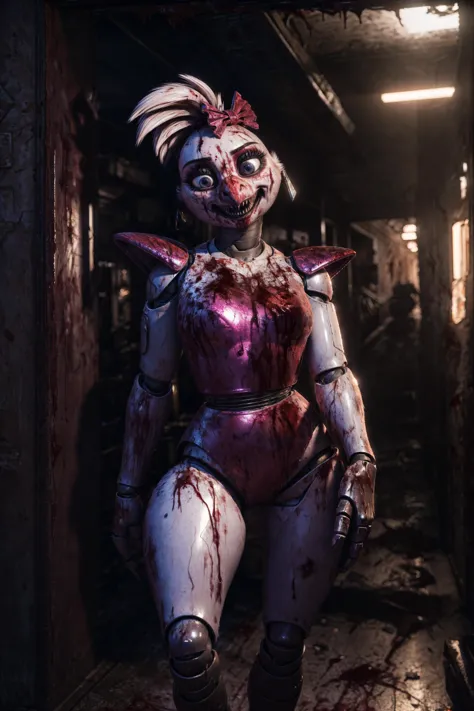 a woman in a costume with blood on her body standing in a hallway