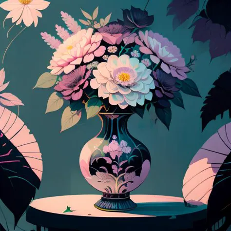 there is a painting of a vase with flowers on a table