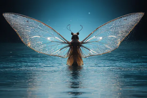 high quality,highly detailed,8K Ultra HD,ral-elctryzt water made skinny elegant firefly made of water drops,In this enchanting artwork,the very essence of water drops transforms into ral-elctryzt firefly,each droplet gracefully adorning the wings of a fire...