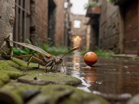 Art de jeu rétro de photo brute d&#39;un grillon Gryllidae,prise de vue en point de vue, un clou rouillé, coincé dans un mur fissuré, d&#39;où pousse une fleur rare et belle, un balcon avec une table et des chaises et un vase de fleurs une boule très curieuse, rochers et mousse, cadre forestier, gouttes de pluie sur une fenêtre, brouiller les reflets des lumières de la ville, brillant, brillant, Soleil, onirique, (surréaliste),(Fermer, Abstrait, tons néon) (Photoréaliste, Symbolique, Fermer shot, 8k),