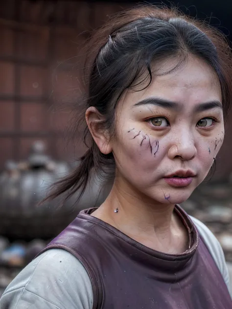 Foto UHD de Mongolia, color de piel marrón medio , tiro de establecimiento, (((rostro:Circular Face, Monolid Eyes, [color de ojos violeta], Nariz con forma de base amplia, labio inferior saliente, mejillas planas, Barbilla cuadrada)), vistiendo goblincore), Al fondo una habitación con un montón de basura y una boca de incendio. 