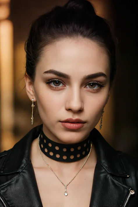 raw photo,full body shot photo,photorealistic,glamour photography of a stylish russian hipster girl,edgy vibe,dark,mascara,eyeliner,dark cheeks,expressive lips,Unique facial piercings,alluring necklace,stylish sexy streetwear,alluring thighs,aesthetic tatt...