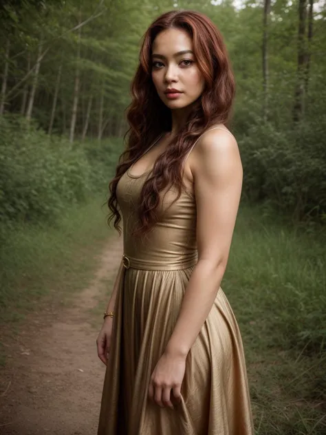 a (fully dressed in a gold and fuchsia colored hunger games cosplay costume, 41 year old Taiwanese curvy woman with long curly brown hair and clearly adult features:1.3). her asymmetrical face, eyebrows, hair color and body (look a lot like a mix of [Jessi...