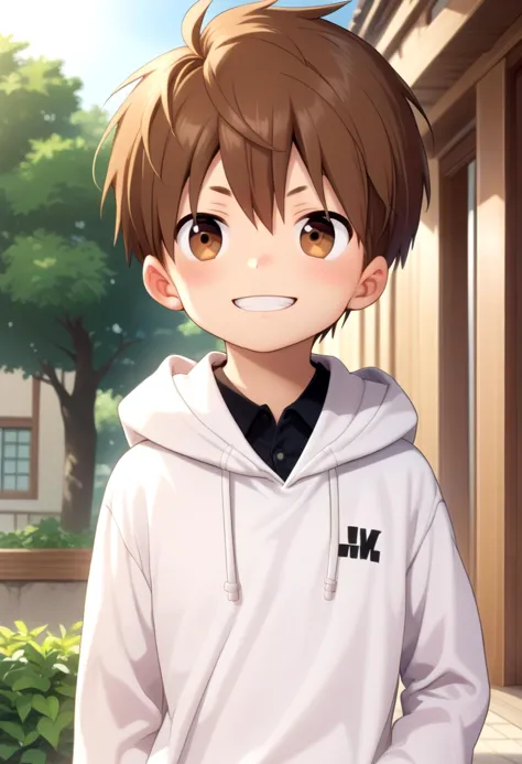 score_9, score_8_up, score_7_up, detailed eyes, village, BREAK
looking to the side, standing, head tilted,
<lora:cutifiedanimecharacterdesign_variant_type_F_PonyXL_v10:1> 1boy, type-f, chestnut brown hair, chestnut  brown eyes,   petite, young, solo, anime  style, manga style, drawn style, white hoodie,  source_comic, manga,randoseru,comic, aged down, black gakuran above hoodie,
grin