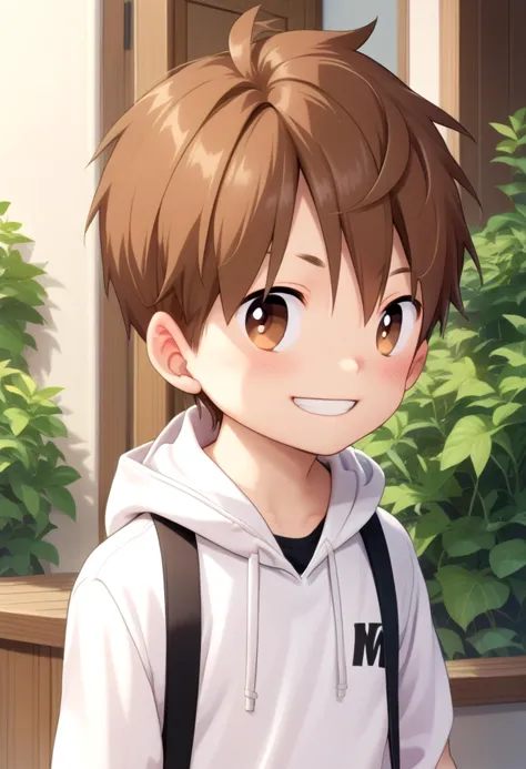 score_9, score_8_up, score_7_up, detailed eyes, village, BREAK
looking to the side, standing, head tilted,
<lora:cutifiedanimecharacterdesign_variant_type_F_PonyXL_v10:1> 1boy, type-f, chestnut brown hair, chestnut  brown eyes,   petite, young, solo, anime  style, manga style, drawn style, white hoodie,  source_comic, manga,randoseru,comic, aged down, black gakuran above hoodie,
grin