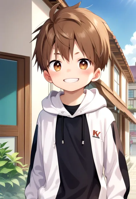 score_9, score_8_up, score_7_up, detailed eyes, village, BREAK
straight on shot, standing, 
<lora:cutifiedanimecharacterdesign_variant_type_F_PonyXL_v10:1> 1boy, type-f, chestnut brown hair, chestnut  brown eyes,   petite, young, solo, anime  style, manga style, drawn style, white hoodie,  source_comic, manga,randoseru,comic, aged down, black gakuran above hoodie,
grin