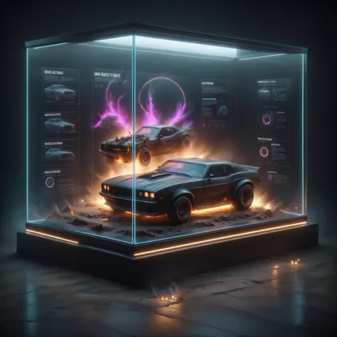 cyberpunk, neonpunk, damaged car,  mad max style car, muscle car,  worn, dirt, fog,  dim lighting,
<lora:glowneon_xl_v1:0.5> , wide shot, cinematic, silhouette, volumetric lighting, smoke, depth of field, <lora:DisplayCaseXL:.7> display case