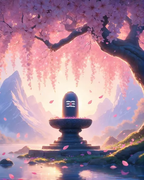 Awesome illustration, cute realistic artwork of  shivalinga under the cherry blossom tree, falling petals, ,pink flowers, sunbeam,  falling on the shiva linga, lens flare, light rays ,showcasing celestial grace, key visual, vibrant, in an aura of pure divine art, a magical realm effect, enchanting, intricate details, ultra sharp <lora:more_details:0.3><lora:Cute_3D_Cartoon:0.5>