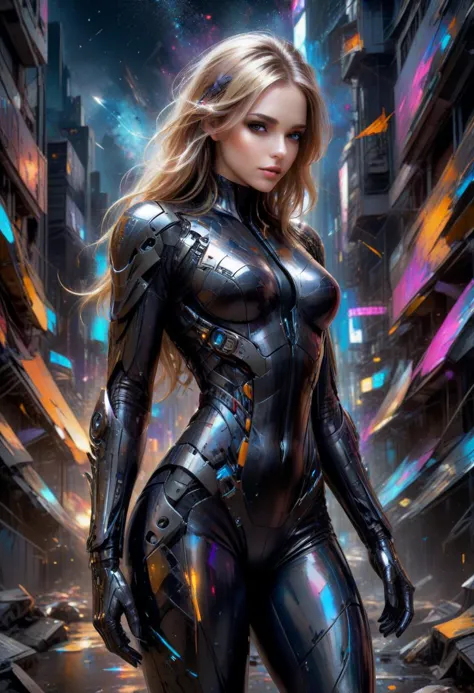 cybernetic style Future human in sleek leather stealth suit, looking back, sneaking along a wall through alien-tech urban jungle...