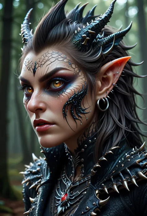 cinematic film still macabre style madpunk human dragon hybrid, human head, dragon scale skin, dragon eyes, male focus, full bod...