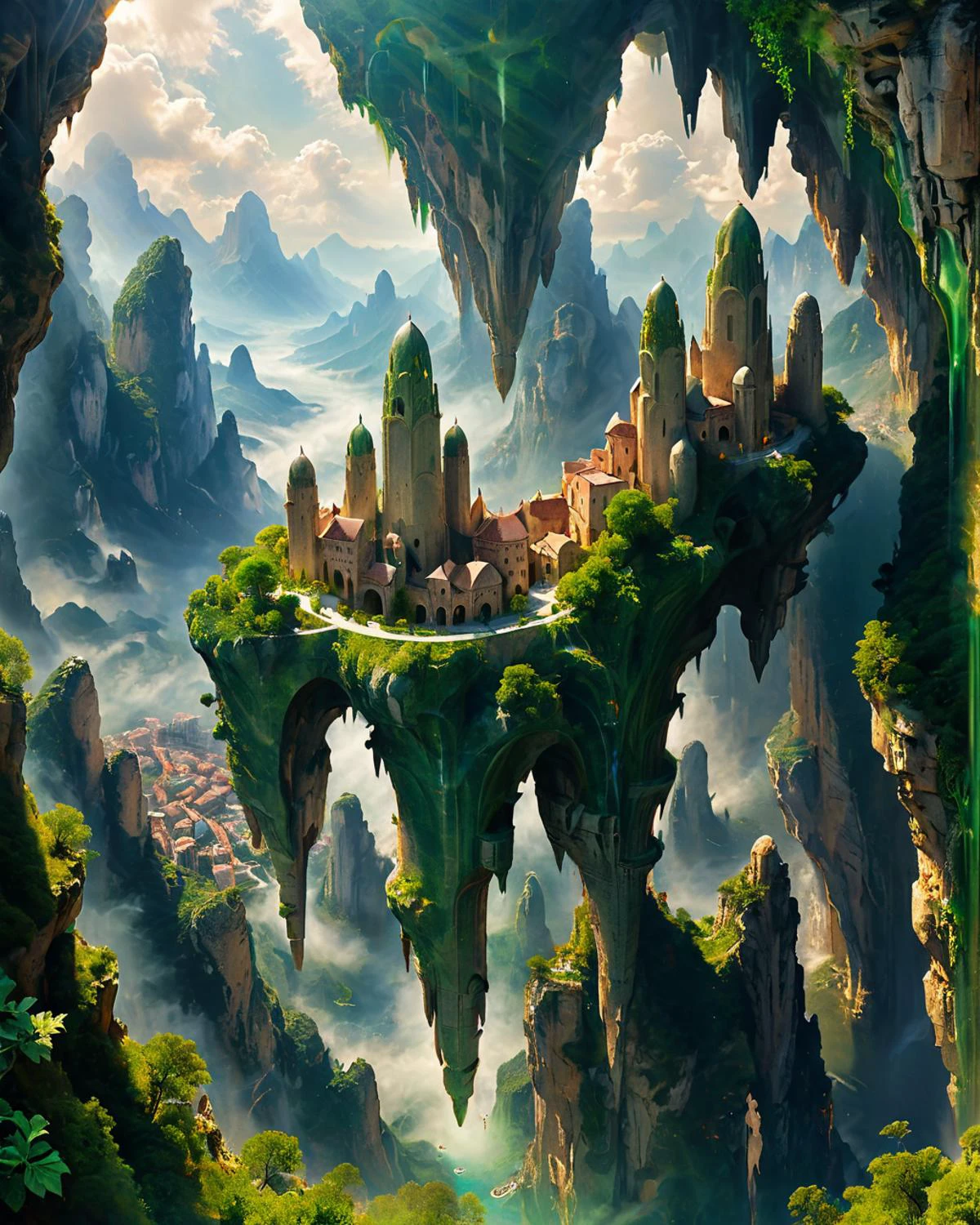 fantasy city floating in the sky, shapely green marble towers, cliffs, mountains, viewed from underneath, chiaroscuro, fenliexl