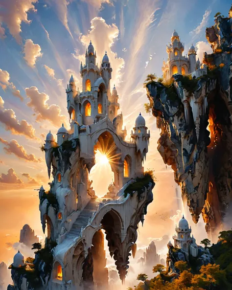 fantasy fortress on a large rock floating in the sky, shapely wavy white marble towers, viewed from the ground, golden hour, <lo...