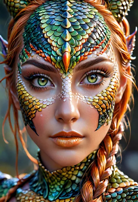breathtaking This stunning young woman, human dragon hybrid, extreme close-up, covered in green multicolored matte scales as ski...