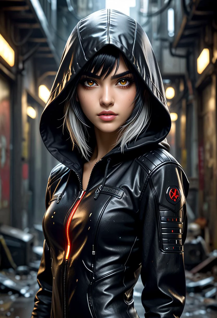 Estilo grunge Sofia Boutella como uma caçadora de recompensas cyberpunk biomecânica em um futuro distópico, vestindo um macacão preto elegante com capuz cibernético, olhos mecânicos vermelhos fracamente brilhantes, expressão de comando e ameaça, dispositivos táticos de última geração, sagacidade afiada, laboratório ilegal de tecnologia e fabricação de armas, cabelo curto, enormes olhos de anime, . texturizado, angustiado, vintage, nervoso, vibração punk rock, sujo, barulhento