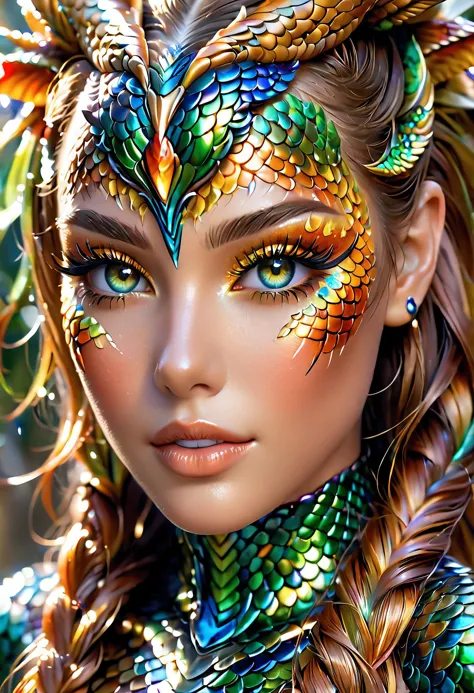 breathtaking This stunning young woman, human dragon hybrid, extreme close-up, covered in green multicolored matte scales as ski...