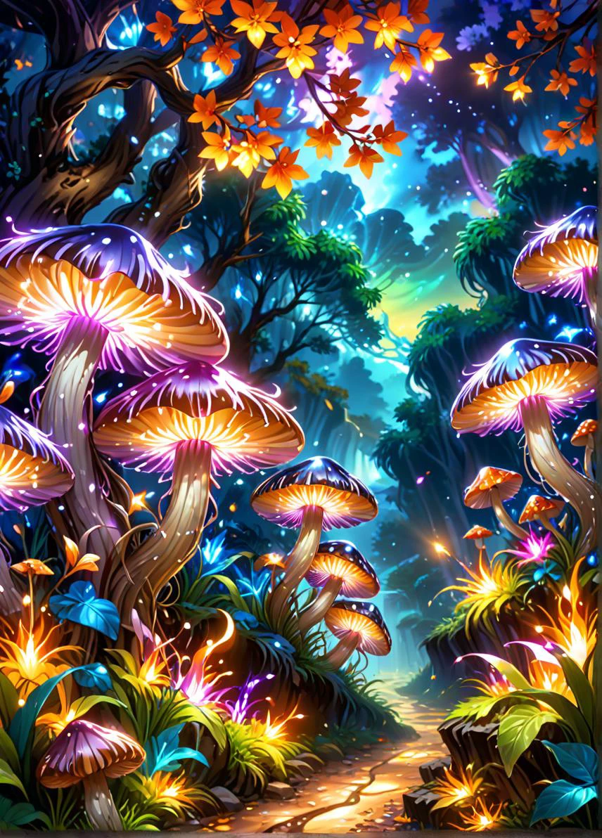 Street Fighter style bio-luminescent mushrooms in the background, linquivera, liiv1 . Vibrant, dynamic, arcade, 2D fighting game, highly detailed, reminiscent of Street Fighter series