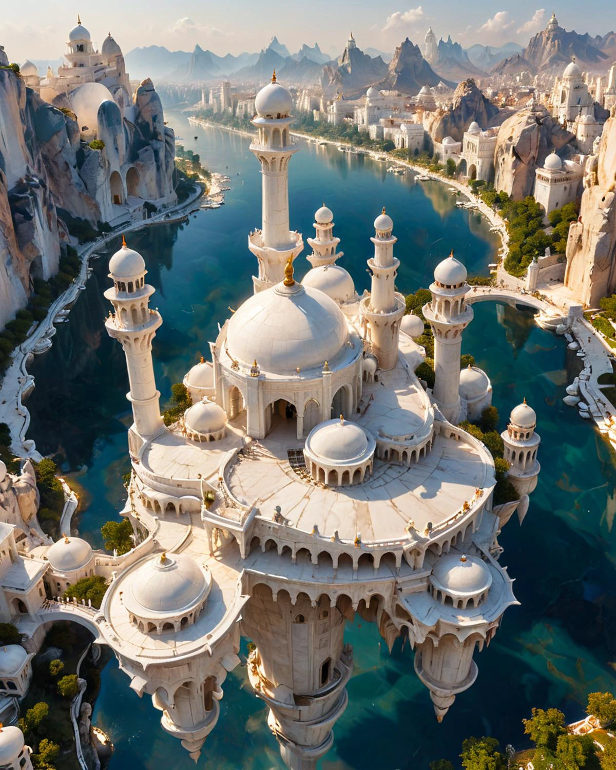 schwebende Fantasiestadt, formschöne weiße Marmortürme, erinnert an das Taj Mahal, fenliexl