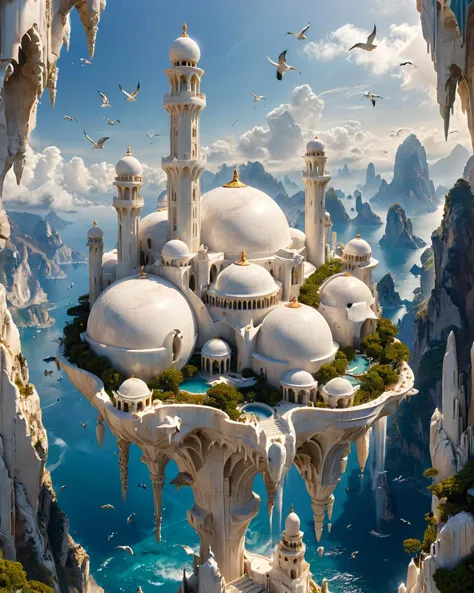 floating fantasy city, shapely white marble towers, reminiscent of the Taj Mahal, ocean, seabirds, mountains, viewed from below,...