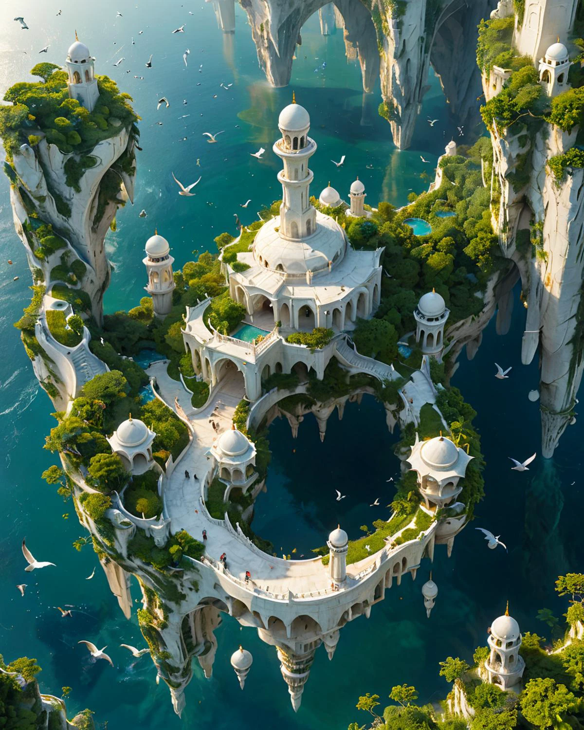 schwebende Fantasiestadt, formschöne weiße Marmortürme, erinnert an das Taj Mahal, grüne Vegetation, Ozean, Seevögel, fenliexl