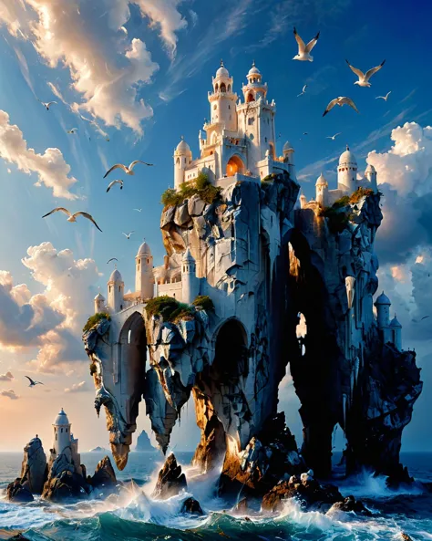 fantasy fortress on a large rock floating in the sky, shapely wavy white marble towers, viewed from the ground, ocean, seabirds,...