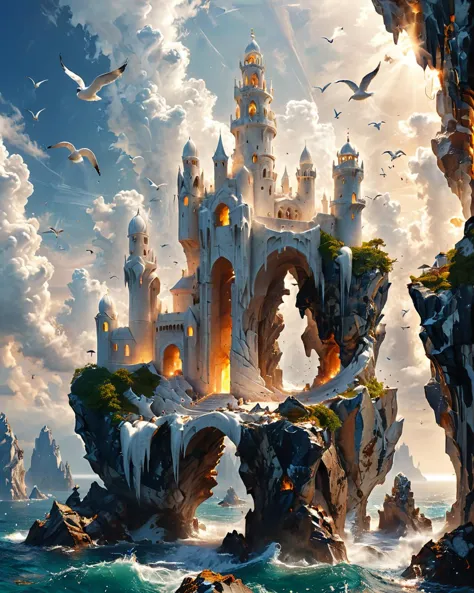 fantasy fortress on a large rock floating in the sky, shapely wavy white marble towers, viewed from the ground, ocean, seabirds,...