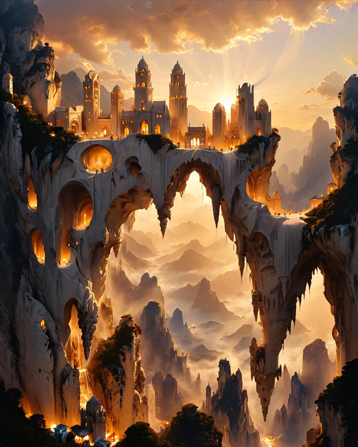 fantasy city floating in the sky, shapely white marble towers, cliffs, mountains, viewed from underneath, chiaroscuro, golden hour, fenliexl