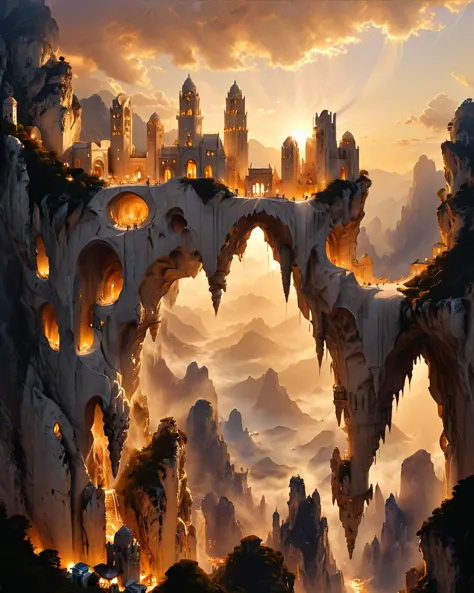 fantasy city floating in the sky, shapely white marble towers, cliffs, mountains, viewed from underneath, chiaroscuro, golden ho...