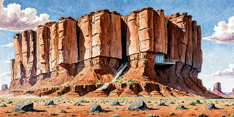 (popular science concept illustration rendered in colored pencil on paper:2), (tiny house built out of the cliff face of a Monument Valley mesa:1.3), the mesa rock is  partially hollowed out and half  the house is inside it), (windows out of the sheer rock face of this mesa, (color pencil  on paper:1.5), (architectural sketch with colored pencil and watercolor), (built into rock and the extruded part is securely attached to the side of a sheer rock cliff face),  (hundreds of feet up:1.3), showcases the architect's choice of construction techniques and design elements, ((masterpiece)), ((best quality)), ((high detail)), ((realistic)), Captivating Composition, deviantart, featured on artstation, cgsociety, (colored pencil and watercolor brush texture:1.5), (architectural concept drawing:1.5),  (slab-like solid construction and heavy-duty support beams:1.5) < <lora:add-detail-xl:0.6> <lora:Style_Watercolor_and_Ink_v1_SDXL_LoRA:0.6> <lora:sketch_style:0.6>