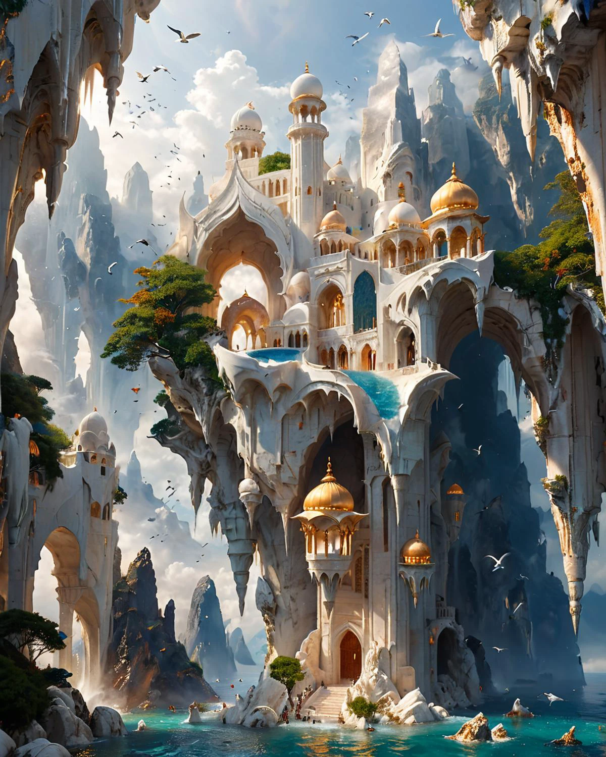 floating fantasy city, shapely white marble towers, reminiscent of the Taj Mahal, ocean, seabirds, mountains, viewed from below, fenliexl