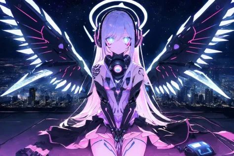 ((best quality)), ((masterpiece)),((ultra-detailed)), (illustration), (detailed light), (an extremely delicate and beautiful),
((solo)),((cowboy shot)),
(((a beautiful girl))),((small_breasts)),((looking at viewer)),
((Mechanical wings,huge_wings)),(mechanical prosthesis),(Glowing line tattoos,Glowing line tattoos on arms,Glowing line tattoos on legs),
(skirt),
(beautiful blue eyes),white hair
(beautiful sky),city,
((sitting))