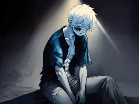 (masterpiece, best quality:1.2), dead 1boy, (torn clothes:1.2), bruises, closed eyes, short hair, sideburns, sitting, looking down, black background, spotlight, blue theme, monochrome, depressed, abs, white hair
(pastel chalk sketch, traditional media, crosshatching:1.2) (high contrast, emphasis lines, light rays:1.1)
<lora:dezaki-000010:1>
 <lora:LowRA:0.5>