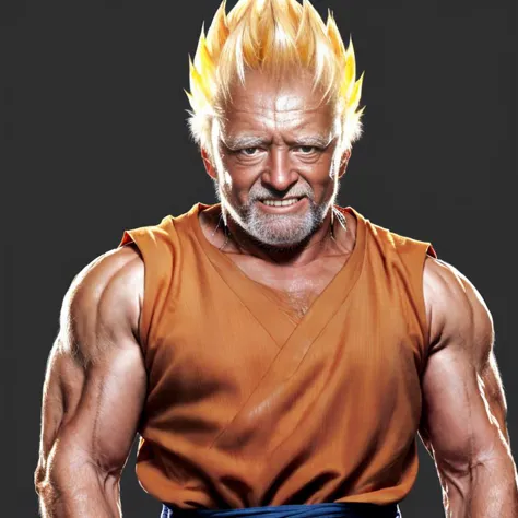 (Harold as Goku super sayan), consistent, detailed, full body, hard rim lighting, highly detailed, hyper realism, intricate, photorealistic, badass, realistic skin texture, solo, 