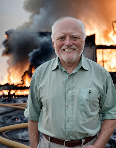 RAW photo, photo of harold, smiling,  wearing green shirt,standing in front of a (burning house:1.4), 8k uhd, dslr, high quality, film grain, Fujifilm XT3
