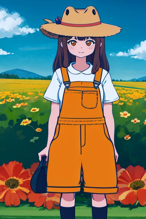 a cartoon girl in a hat and overalls stands in a field of flowers