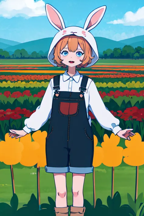 a cartoon girl in overalls and bunny ears standing in a field of flowers