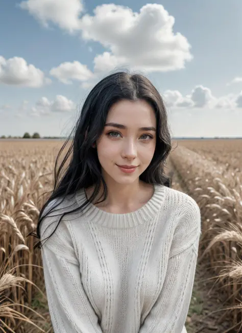 foto cruda, DSLR, gradación de color profesional, FOTOGRAFÍA de mujer sw33tief0x, sonrisa, vistiendo suéter, en el campo de trigo, cielo azul, enfoque nítido, hdr, resolución 8k, Detalle intrincado, detalle sofisticado, profundidad de campo, DSLR RAW analógica, Fotorrealista, mirando al espectador, 