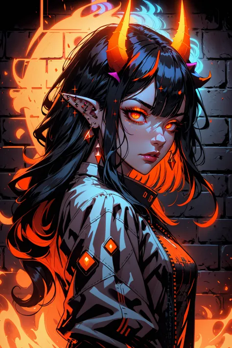 blacklightdskStyle, 1girl, solo, long hair, looking at viewer, bangs, black hair, hair between eyes, jewelry, closed mouth, jacket, upper body, multicolored hair, earrings, horns, pointy ears, from side, orange eyes, glowing, piercing, slit pupils, demon horns, ear piercing, glowing eyes, brick wall, masterpiece, official art, absurdres, 32k UHD, 4 point perspective, vantage point, 