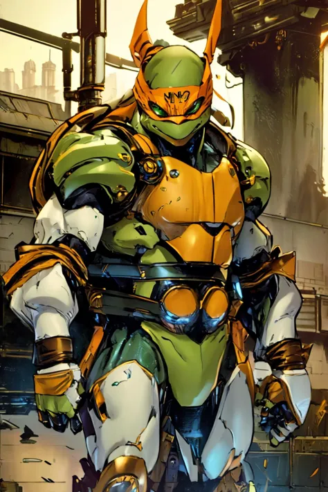 orokintech, scifi, gold,smooth, <lora:TMNTMichelangelo-11:0.8> TMNTMichelangelo, bodysuit,armor,orange bandana mask with eye-hol...