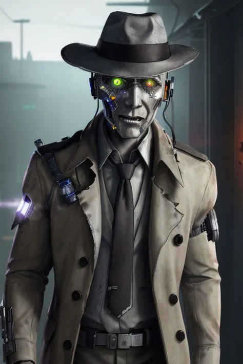 1boy, solo, Nick Valentine, (synthetic face, cyborg, broken robert:1.3), , glowing eyes, handsome, mature, charming, alluring, white collaredshirt and necktie, worn tan trench coat, worn fedora , upper body in frame, Fallout 4 location, cinematic lighting, perfect anatomy, perfect proportions, 8k, HQ, (best quality:1.2, hyperrealistic:1.2, photorealistic:1.2, madly detailed CG unity 8k wallpaper:1.2, masterpiece:1.3, madly detailed photo:1.2), high_resolution, dutch angle