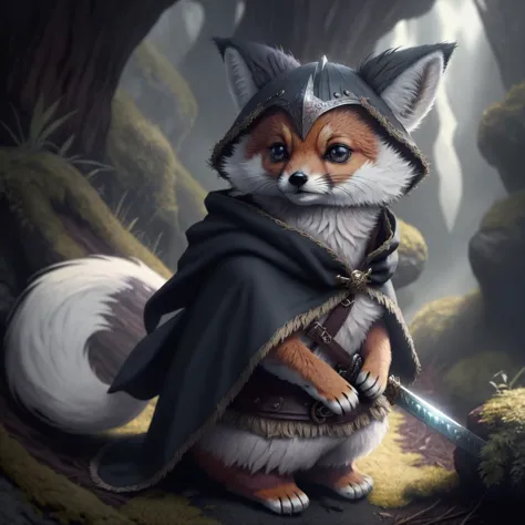 concept art, Cu73Cre4ture, <lora:CuteCreatures:1>, fox traveler, cloak, sword, travel pack, fantasy, high detail, best quality, ...