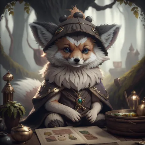 concept art, Cu73Cre4ture, <lora:CuteCreatures:1>, fox merchant, fantasy, high detail, best quality, rtx, 4k, 8,