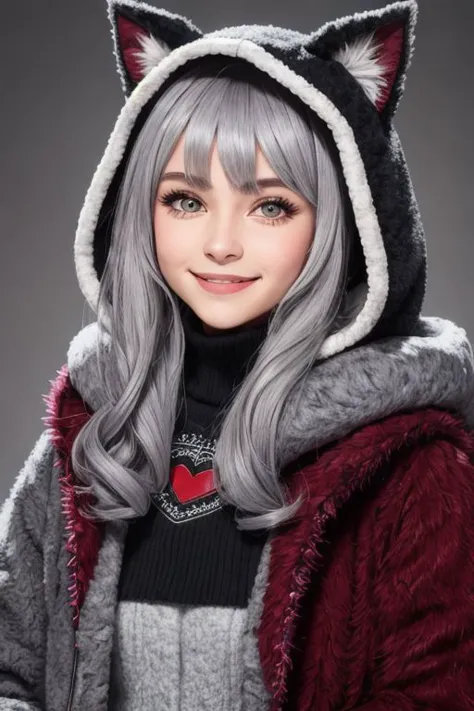 a woman with grey hair wearing a cat ears and a hood