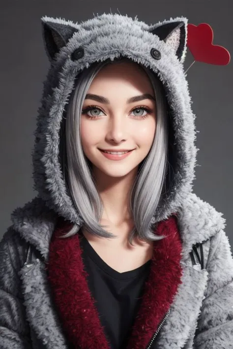 a woman wearing a furry cat hoodie and a heart shaped ear