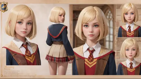 best quality, masterpiece, character sheet, hogwarts student, girl, blonde bob hair