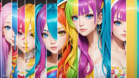 best quality, masterpiece, character sheet, rainbow girl