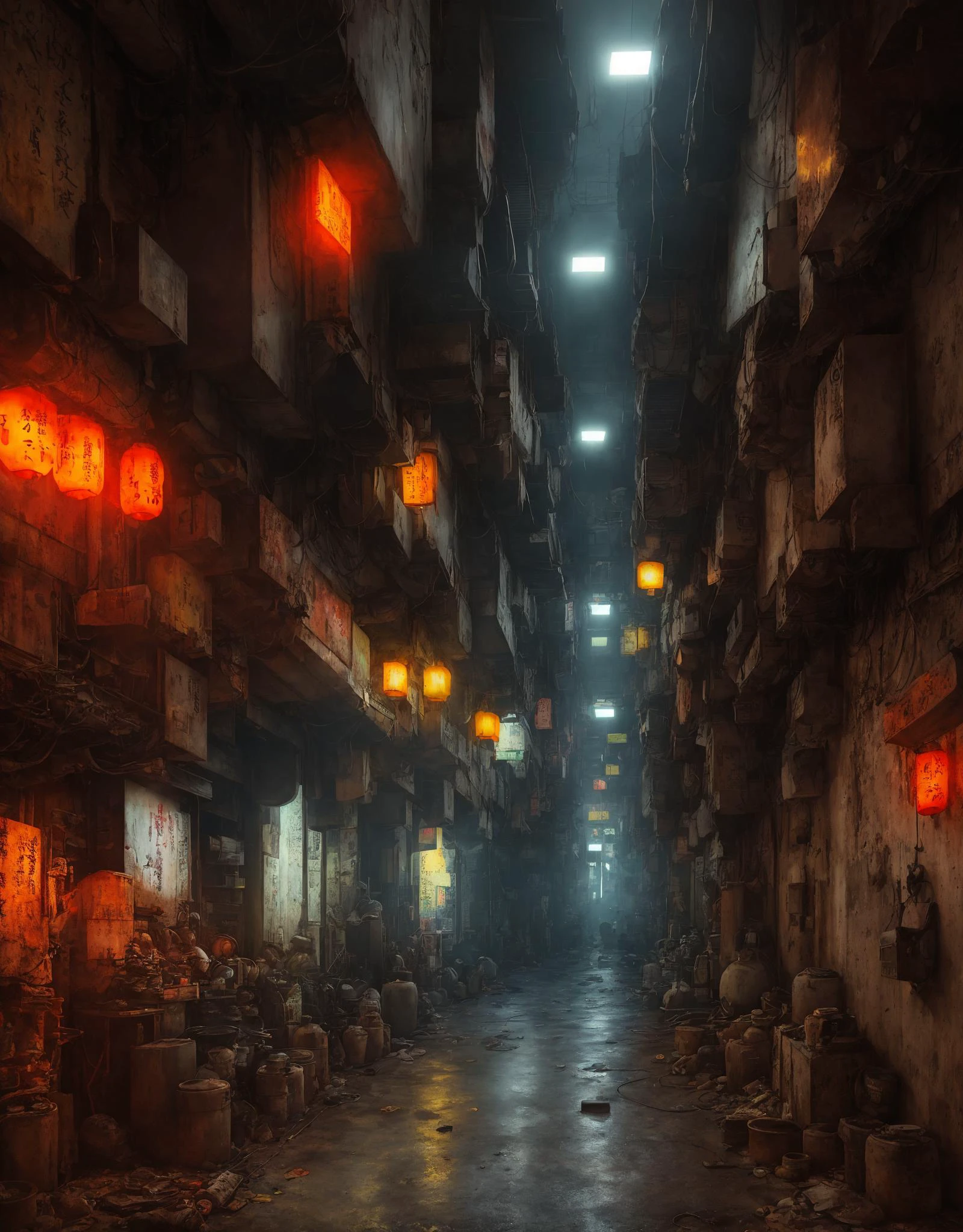 Kowloon Walled City, overcrowded city levels, balconies, air conditioners, gloomy mood, lots of colors, hyper realistic, mysterious lighting, oversaturated, pipes, wires, utility mechanisms