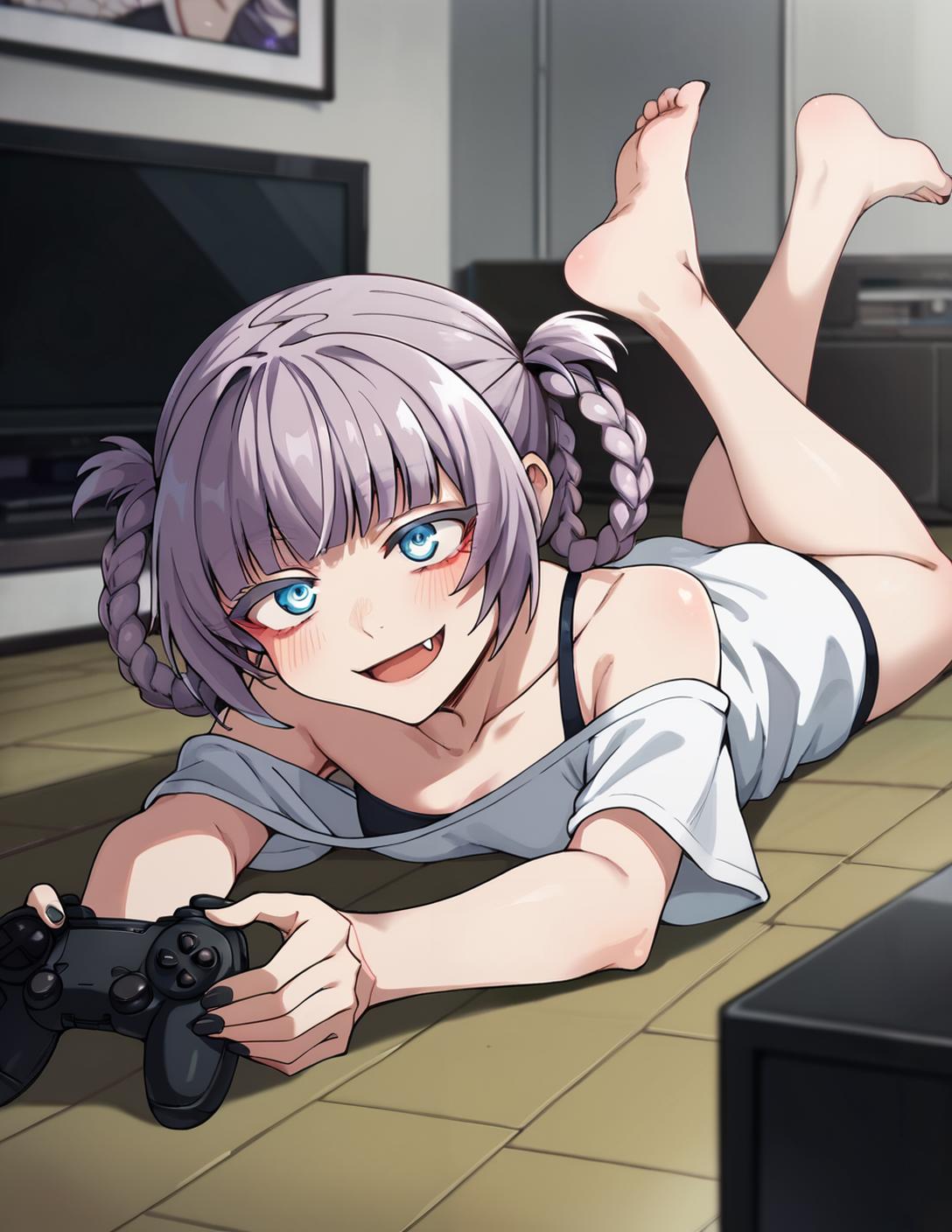 Anime girl laying on the floor with a video game controller - SeaArt AI