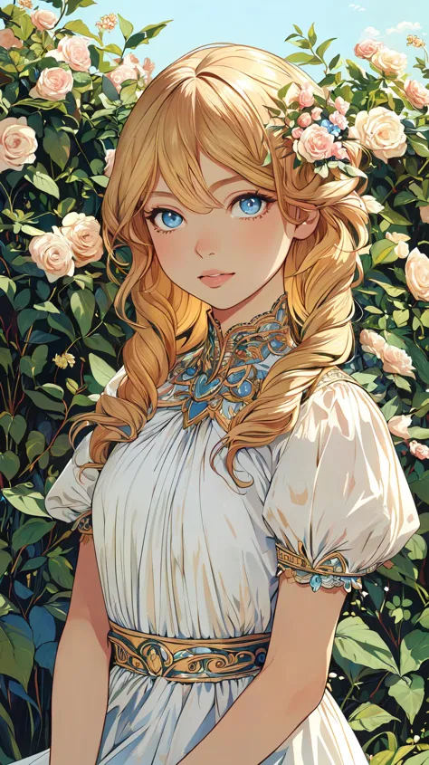 (masterpiece), (best quality), (ultra-detailed), (best illustration),(best shadow), (detailed eyes:1.1),
1girl, blonde hair, outdoors, flower, sitting, upper body, portrait, fantasy style, white dress, 
style of Walter Crane,